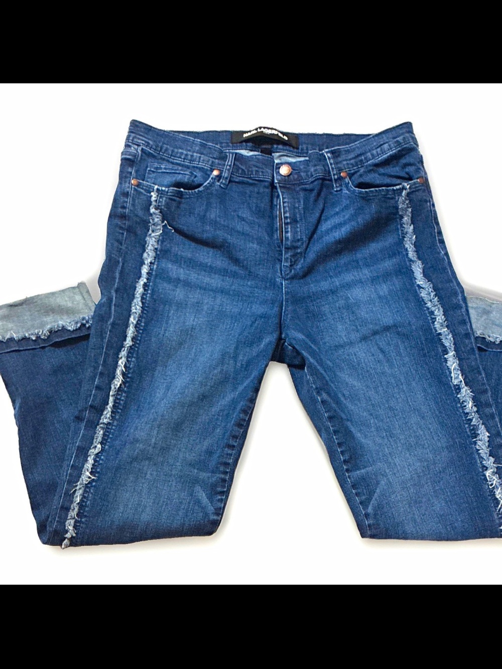Karl Lagerfeld Dark Blue Jeans with Frayed Side Detail Size 16